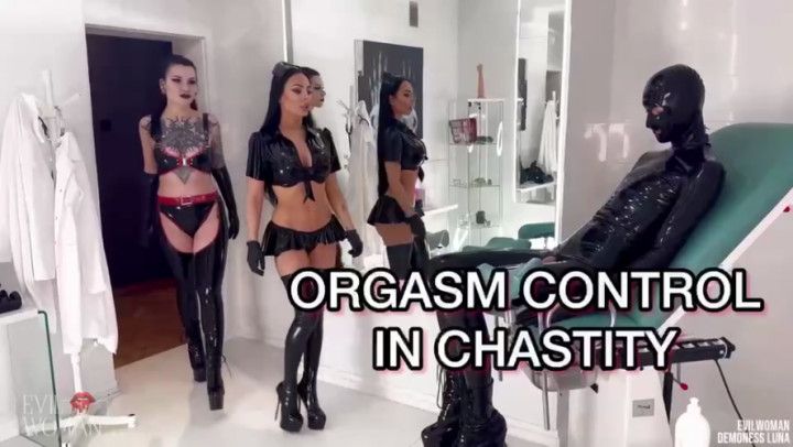 Chastity orgasm control with 2 latex nurses