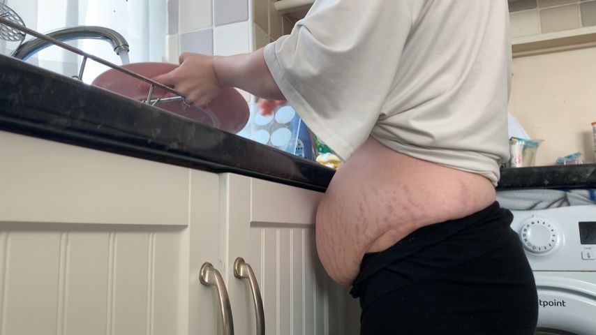 New pregnant housewife doing the dishes