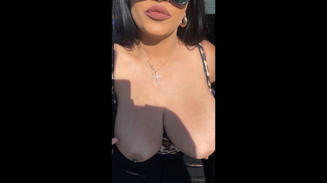 Big tits exposed on rooftop Mall parking