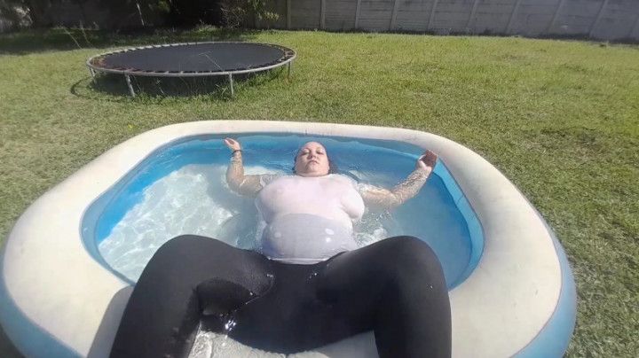 Soaking wet transparent white shirt and tights