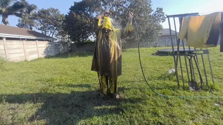 Muddy PVC rainwear cleanup