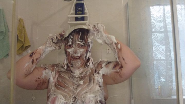 Messy Chocolate Cream Pies in the Shower