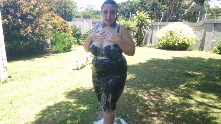 Gunged with White Gunge in Leather Skirt