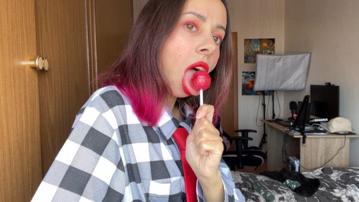 Red lipstick fetish and lollipop licking