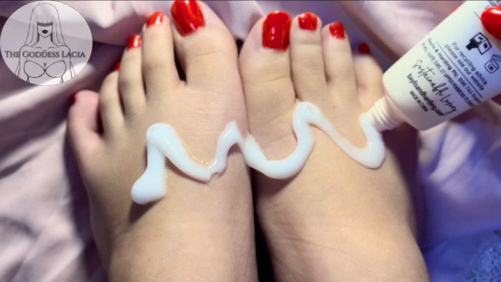 Lotion Application on Beautiful Goddess Feet with Red Nails