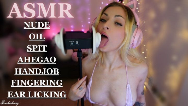 ASMR Ear Licking, Ahegao, Oil, Fingering, Handjob, Spitting