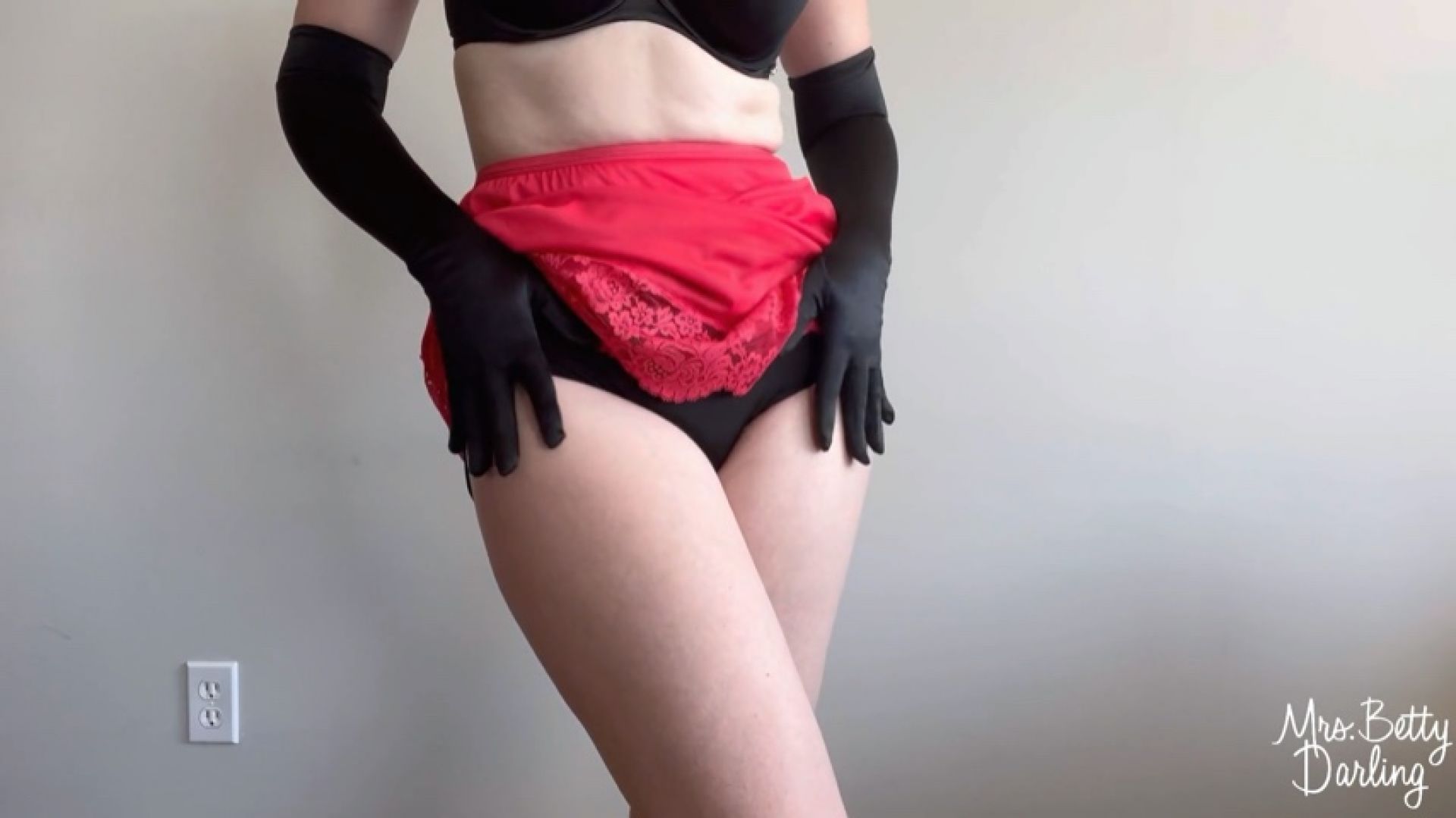 Red Slip Black Fullback Panties Black Gloves Tease SFW