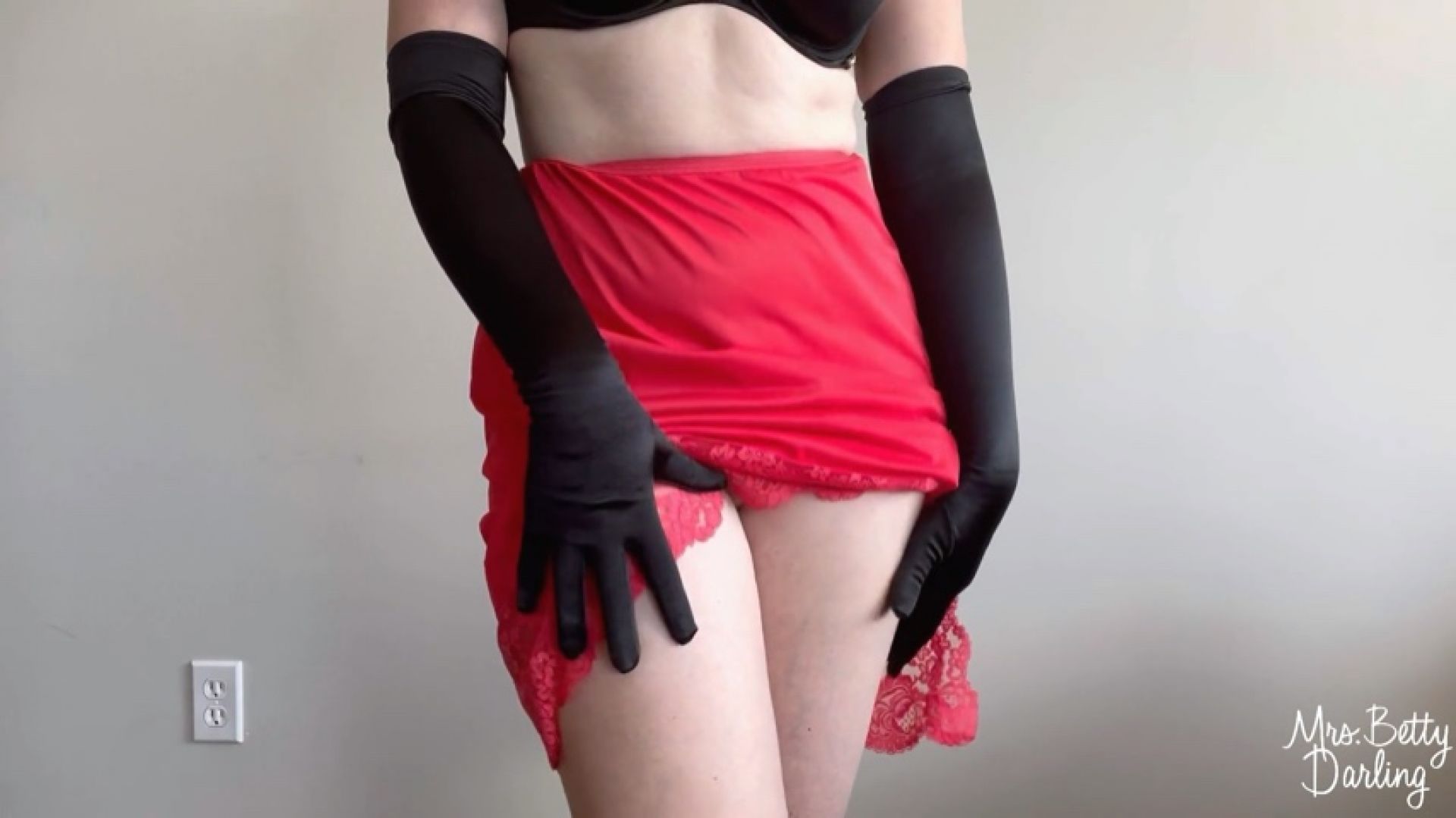 Red Slip Nude Lace back Panties Black Gloves Tease SFW