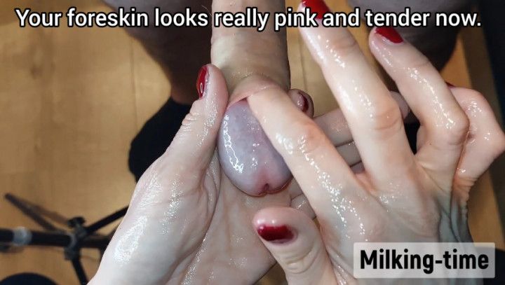 Filthy cock foreskin massage from 2 angles