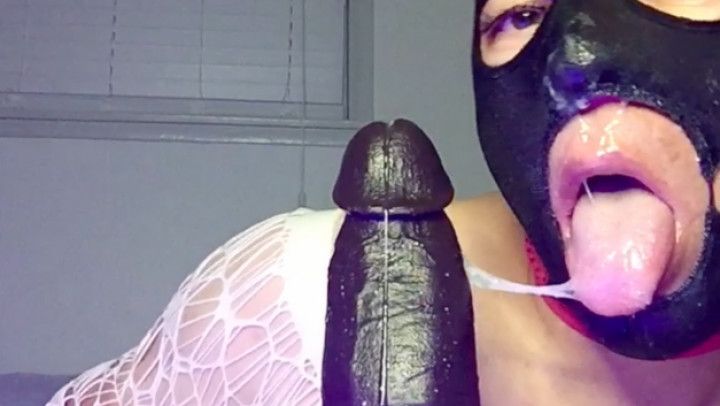 Sloppy sissy sucks and slurps BBC dildo