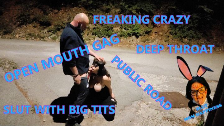 Whore deep throating with open mout gag