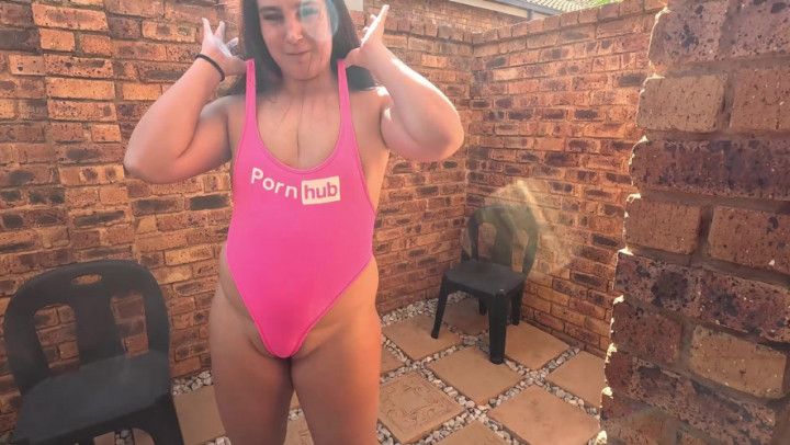 Chubby swimsuit slut jerks and sucks cock, cum covered