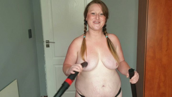 BBW gets undressed to vacuum suck her big boobs, fat pussy