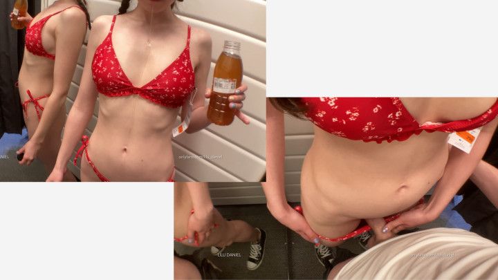 Bikini, Cum, Bottle mess in dressing room! Risky fuck &amp; wet