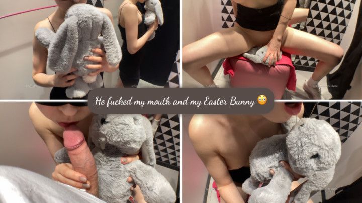 Ride, fuck easter bunny toy and blowjob in fitting room