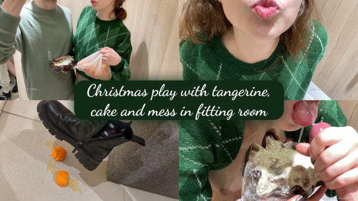 Blowjob, tangerine, cake and mess in fitting room! Christmas