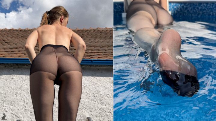 Black nylon tights pool play and cum