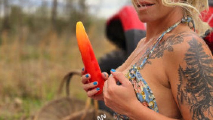 Country milf explores her asshole with her pepper dildo