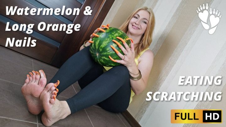 Watermelon and long orange nails eating, scratching