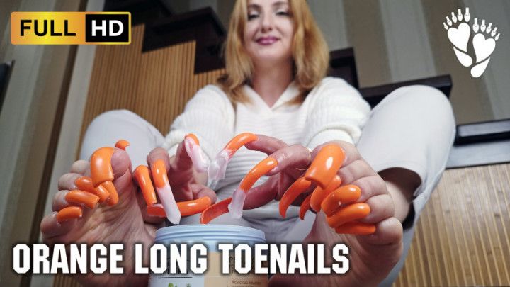 Orange Long Toenails - Feet Massage