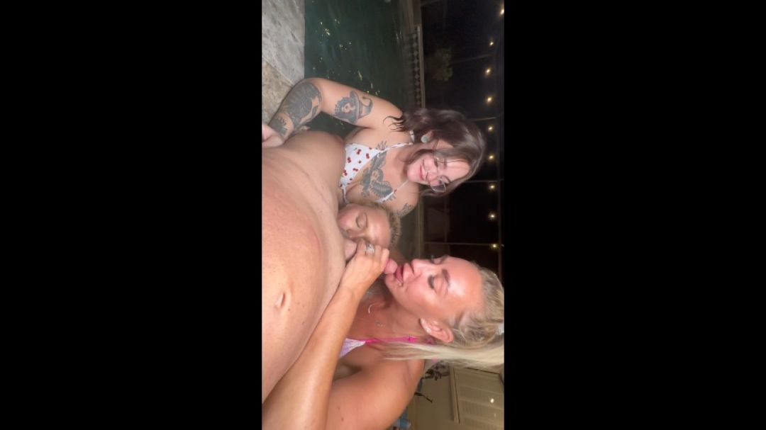 me and two of my sexy friends suck hubby off pool side