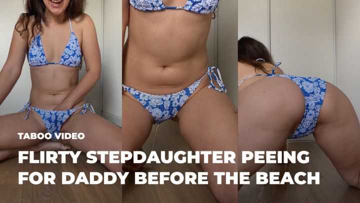 Flirty stepdaughter peeing for daddy before the beach