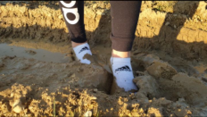 Muddy Adidas white ankle socks + barefoot