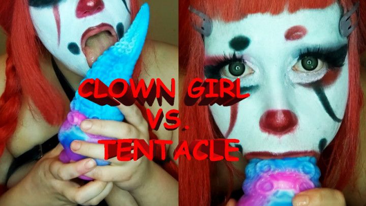 Clown girl tries deepthroating tentacle