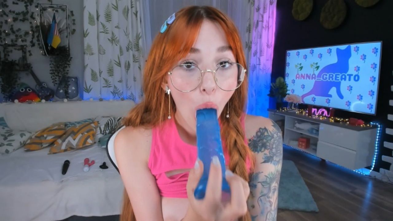 School girl sucking New Blue Dildo