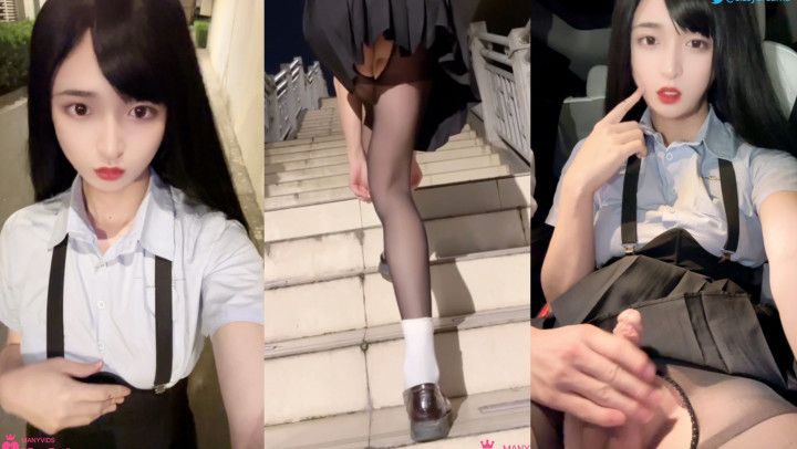 Highschool Uniform Transgirl Roadside Exhibition and Cumshot