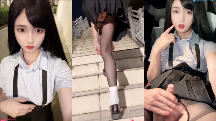 Highschool Uniform Transgirl Roadside Exhibition and Cumshot