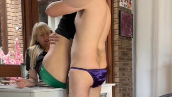 Mom finds son wanking with her satin panties