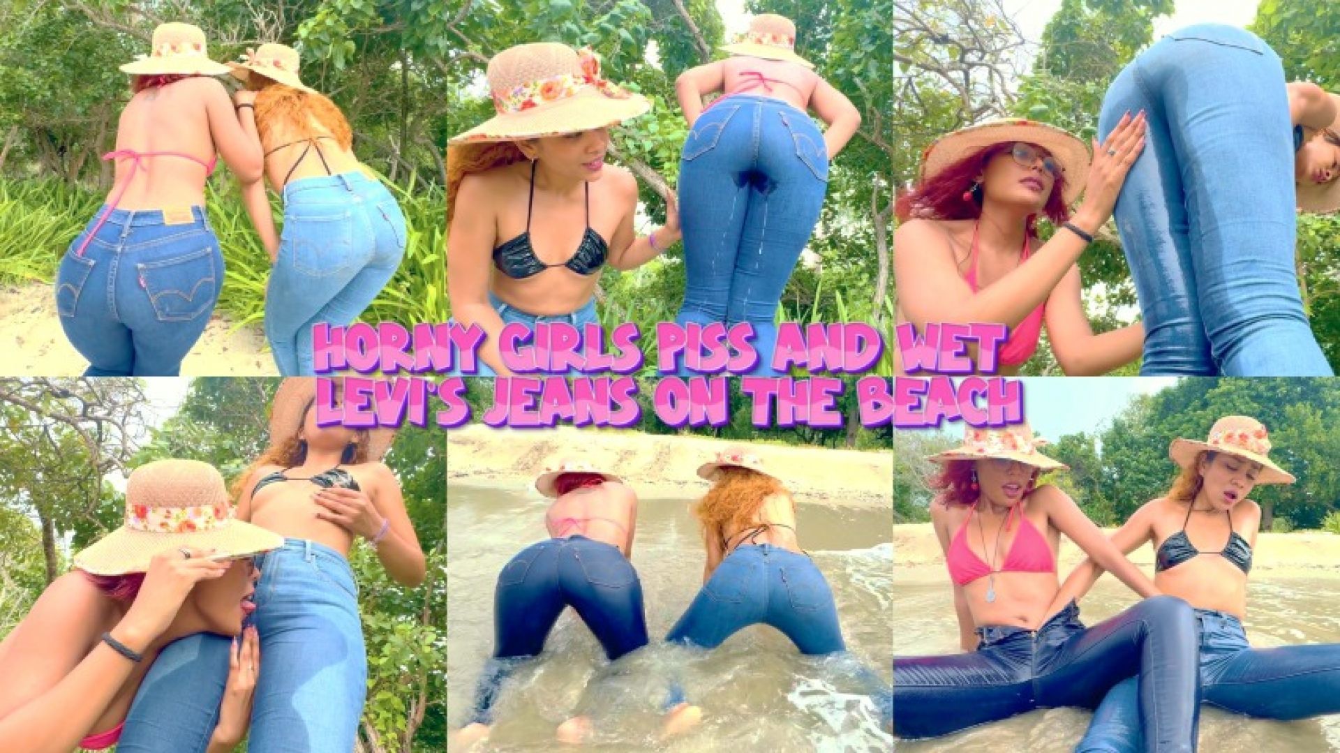 Horny girls piss and wet levi's jeans on the beach