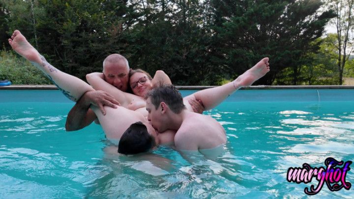 Afternoon swimming pool with three very bi guys