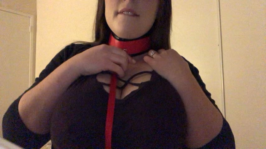 Collared, sucking a thick dildo