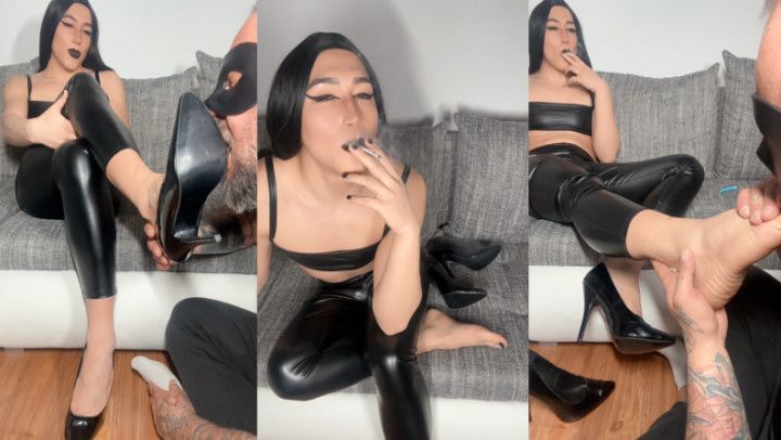 Smoking TS Heel and Foot Slave Worship