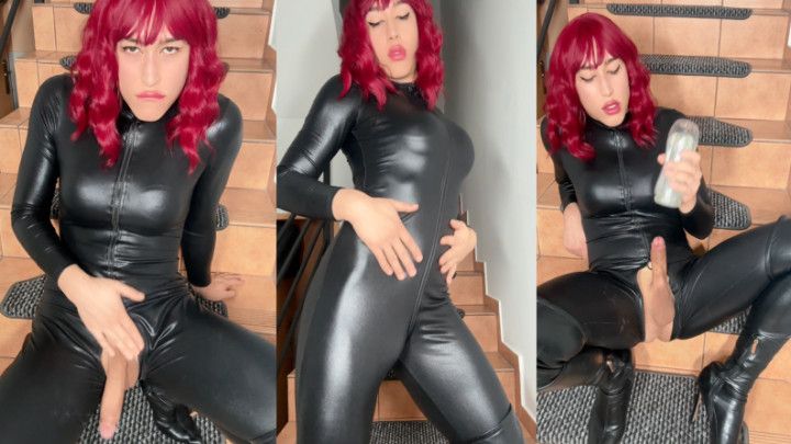 Wetlook Catsuit, Thigh High Boots, fleshlight and cum shower