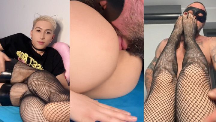 Big daddy bear femboy pussy, blowjob and feet in fishnets