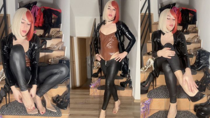 TS High heels shopping haul fetish with cock and feet