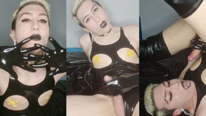 Shiny latex cock play boots cum in mouth