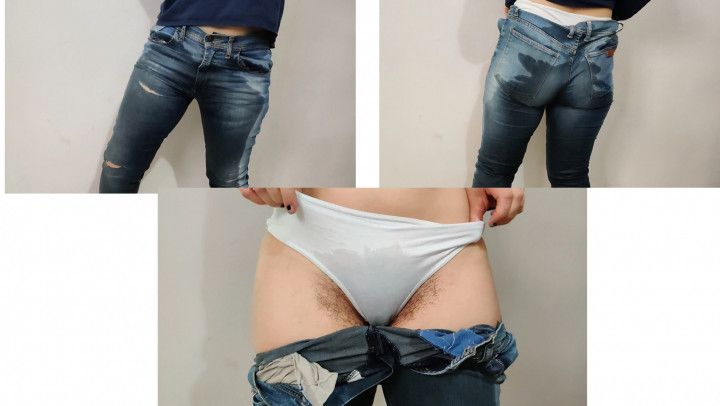 Another pair of jeans gets SUPER WET + white panties + socks