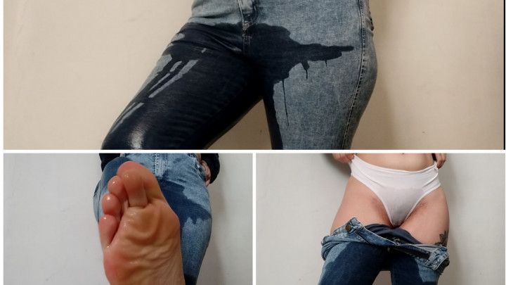 Pissing jeans + white panties + wet feet