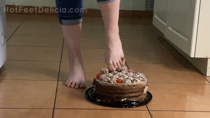 food chocolate cake smashing with feet