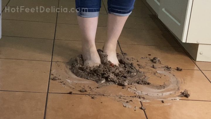 food chocolate cake smashing with feet