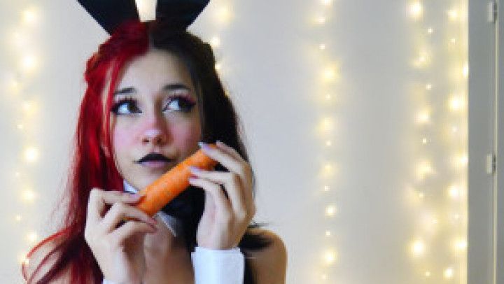 The Easter bunny plays with her carrots