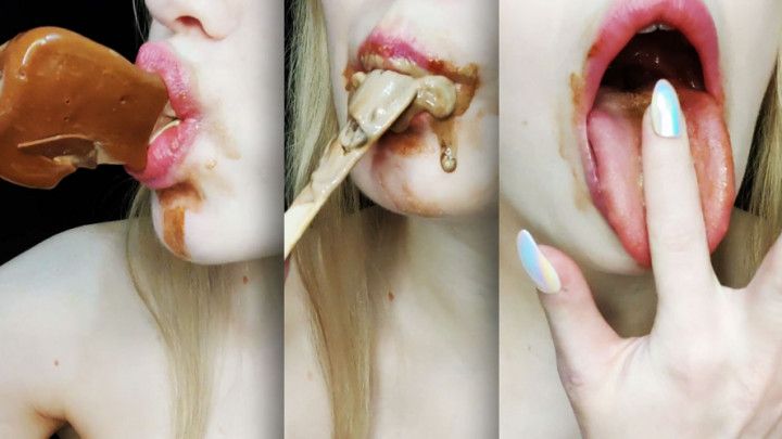 Licking chocolate ice cream