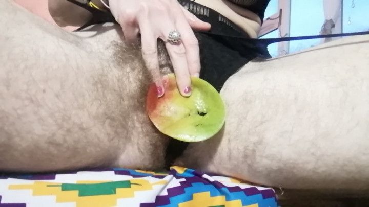 Hairy slut licks mango