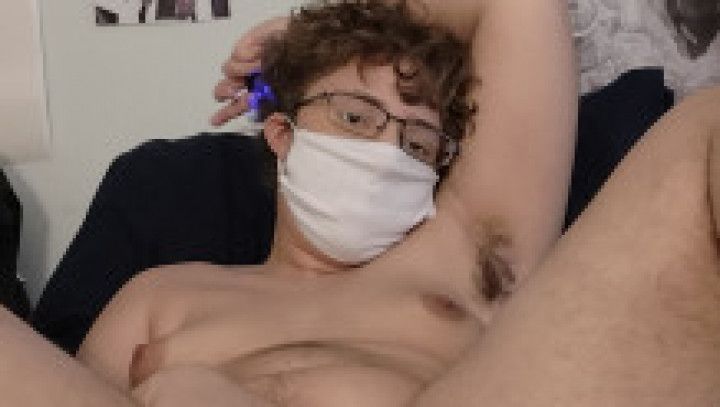 Hairy FTM cums from air pulse