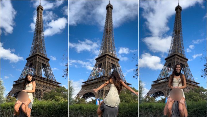 Shoulder riding in front of the Eiffel Tower