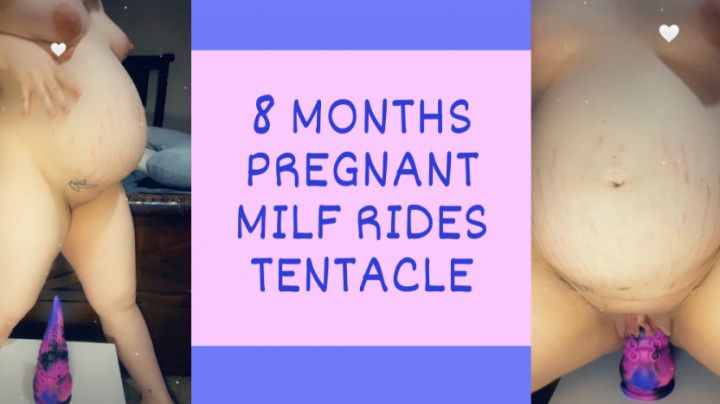 8 months pregnant milf rides tentacle